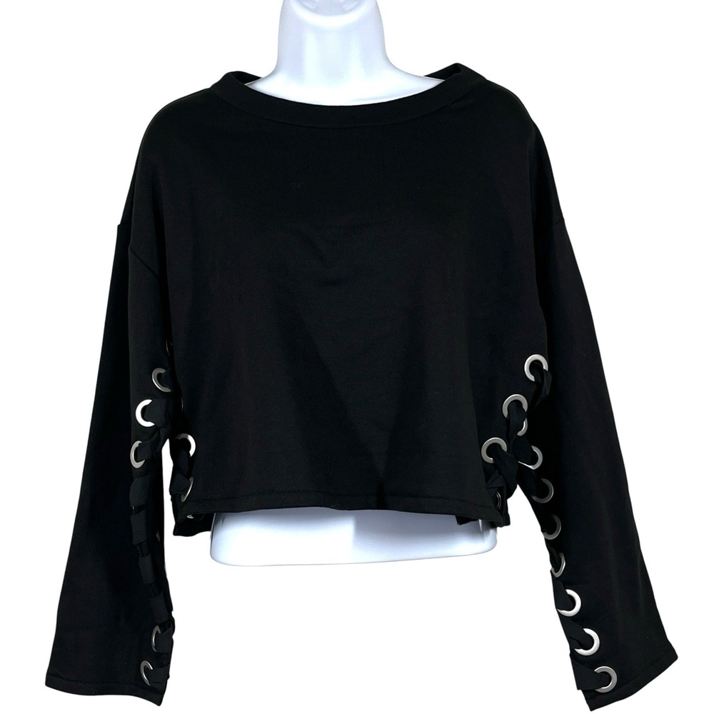 Alo Yoga Suspension Cropped Sweatshirt Size XS Black Terry Grommet Lace-up